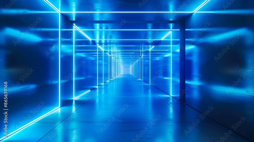 A blue lit hallway with a light on the floor. A blue lit hallway with a light on the floor.