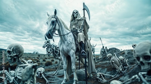 A skeleton riding a horse with a large axe in a mystical graveyard, scattered with skulls and bones, under the night sky.