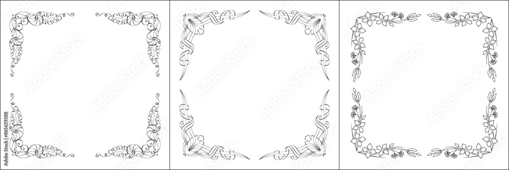 Set of three vector frames. Elegant black and white monochrome ornamental border for greeting cards, banners, invitations. Vector frame for all sizes and formats. Isolated vector illustration.	
