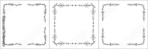 Set of three frames with runes. Elegant black and white frame with Scandinavian ornament, decorative border, corners, isolated vector illustration.	
