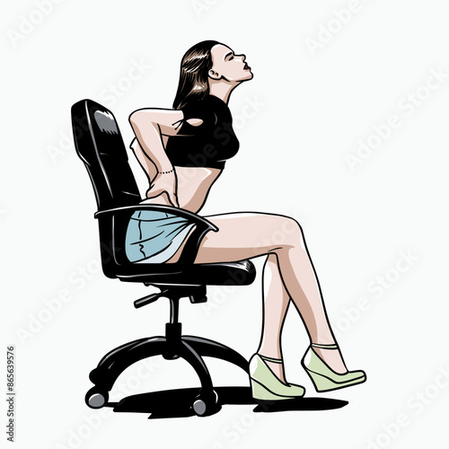 Vector illustration of a girl sitting in an office chair with back pain