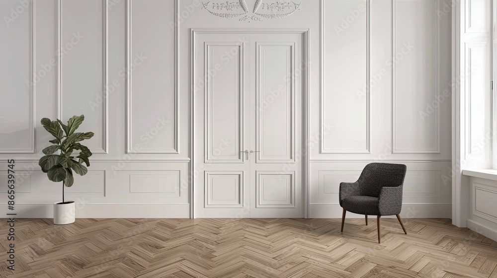 A modern, minimalist interior design with a white door, a grey armchair, and a grey sofa A modern, minimalist interior design with a white door, a grey armchair, and a grey sofa