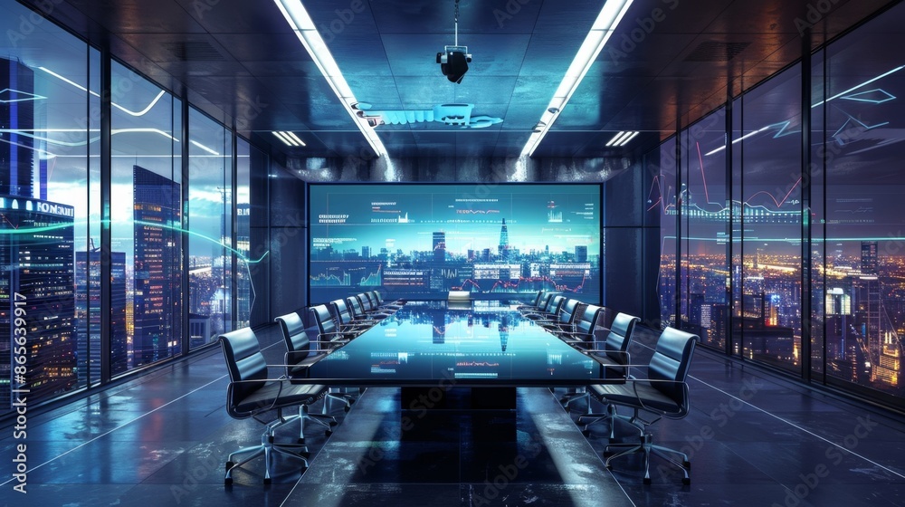 A sleek, modern boardroom with a long, polished table, ergonomic chairs, a large panoramic window with a cityscape view, and a digital screen displaying financial graphs, Generative AI A sleek, modern boardroom with a long, polished table, ergonomic chairs, a large panoramic window with a cityscape view, and a digital screen displaying financial graphs, Generative AI