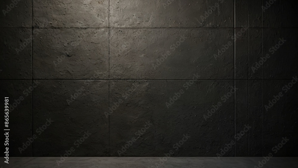 Fototapeta premium Soft daylight from overhead lights gently illuminates the textured concrete wall in a dark grey hue, creating a versatile backdrop ideal for shop design. Its dark edges and minimalistic style offer am