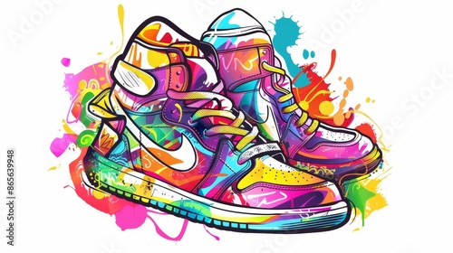 A vibrant cartoon-style pair of sneakers with graffiti designs, Generative AI, 