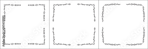 Set of three frames with runes. Elegant black and white frame with Scandinavian ornament, decorative border, corners, isolated vector illustration.	
