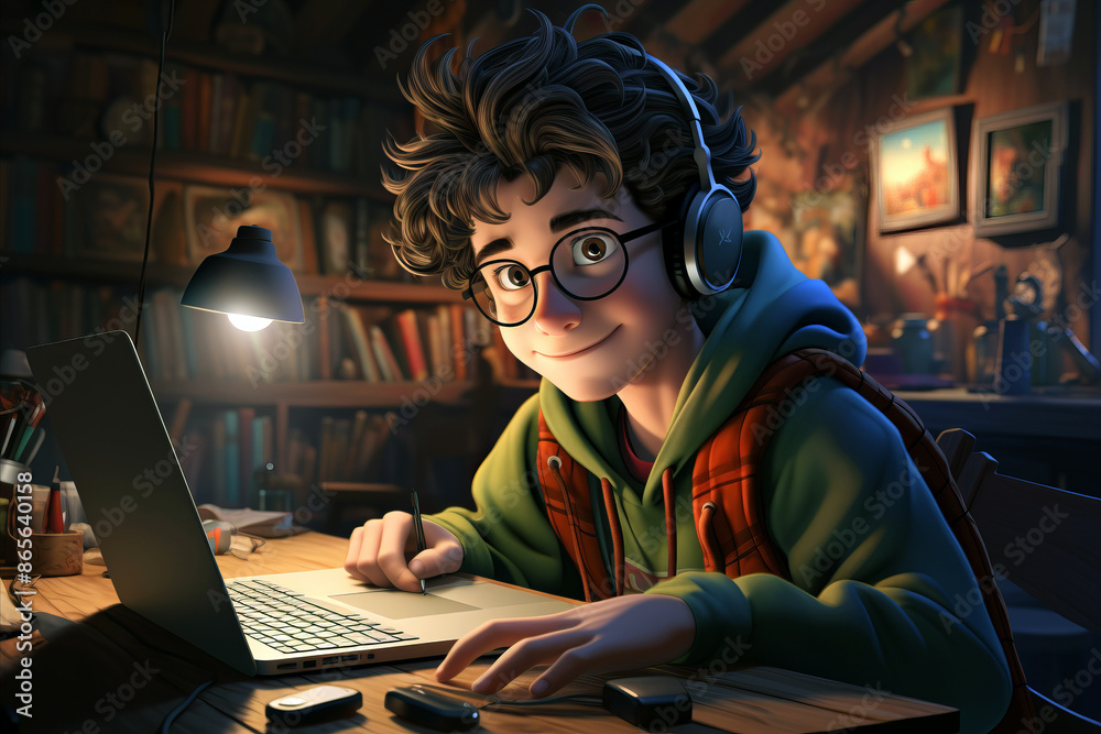 A boy wearing headphones intently working on a laptop in a cozy workspace, highlighting the theme of remote studying and digital education. A boy wearing headphones intently working on a laptop in a cozy workspace, highlighting the theme of remote studying and digital education.