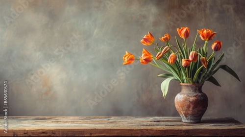Brown wooden table featuring wilted tulips in a vase and a muted backdrop Ample space for text