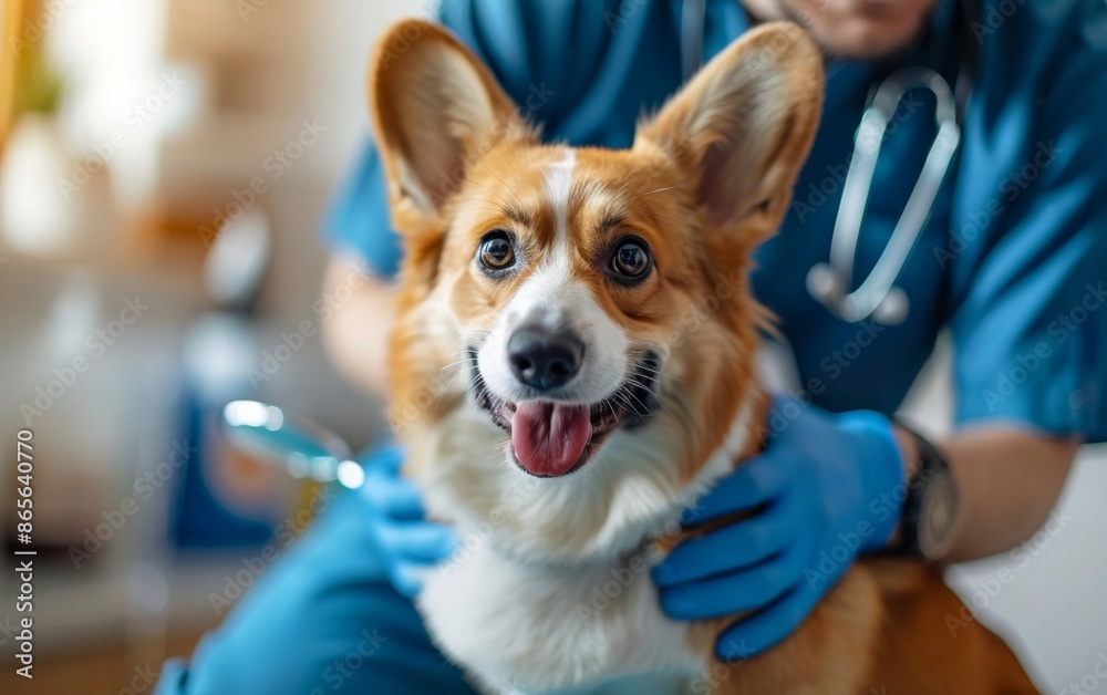 Happy corgi dog being examined by veterinarian in clinic Happy corgi dog being examined by veterinarian in clinic