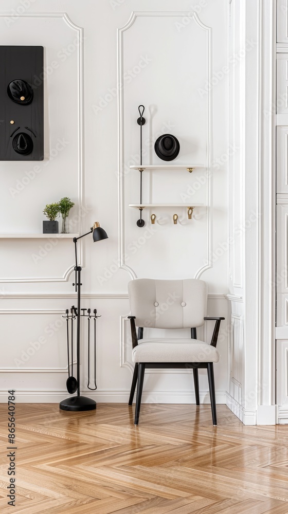 A modern, minimalist interior design with a white door, a grey armchair, and a grey sofa A modern, minimalist interior design with a white door, a grey armchair, and a grey sofa