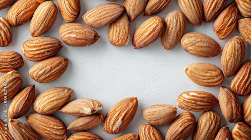Circle of almonds on white background, top view. Organic nuts concept Circle of almonds on white background, top view. Organic nuts concept