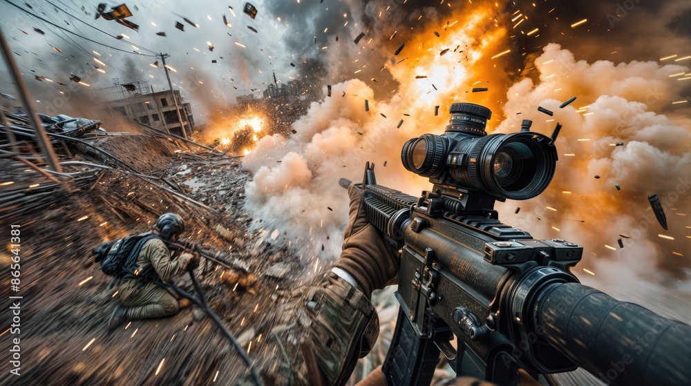 First-person view of a soldier in action. AI generated. First-person view of a soldier in action. AI generated.