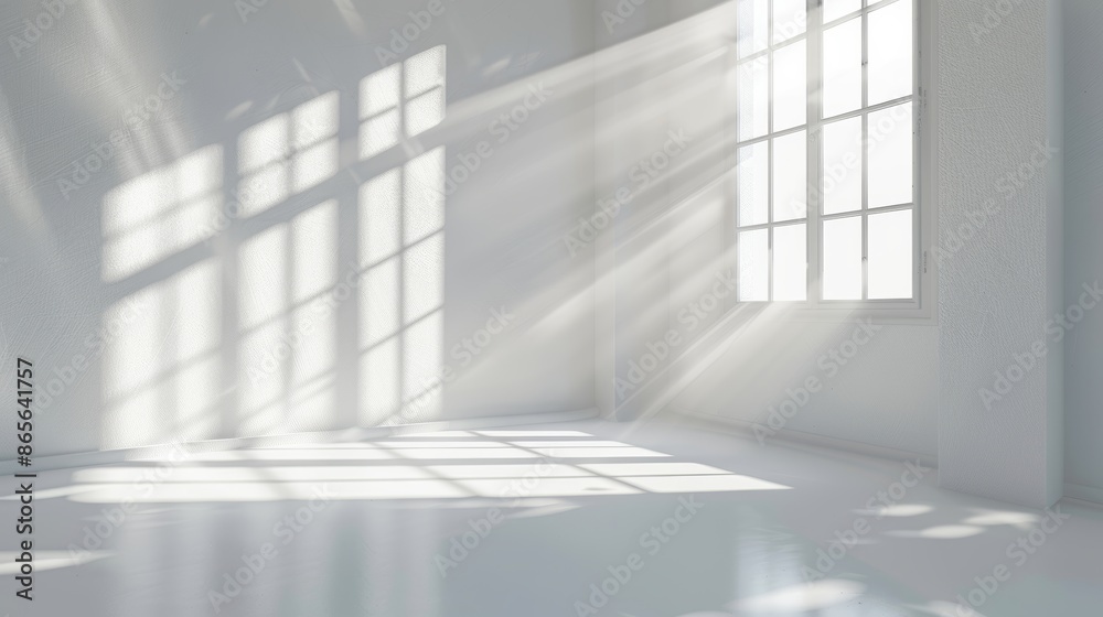 Bright empty room with white walls, window, and sun rays shining through the window