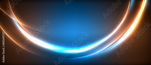 Neon glowing circle rays, light round lines in the dark, planet style neon wave lines. Energetic electric concept design for wallpaper, banner, background