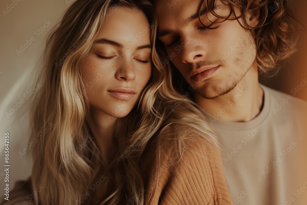 Serene young couple embracing. Depicting a soft, intimate moment of affection and tranquility, ideal for expressing love and connection in personal and lifestyle contexts