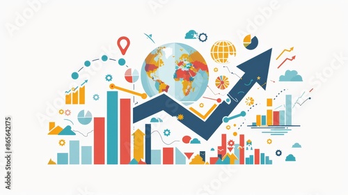 Colorful infographic featuring global economic data and charts with an upward trend arrow. Global financial growth and data analysis concept