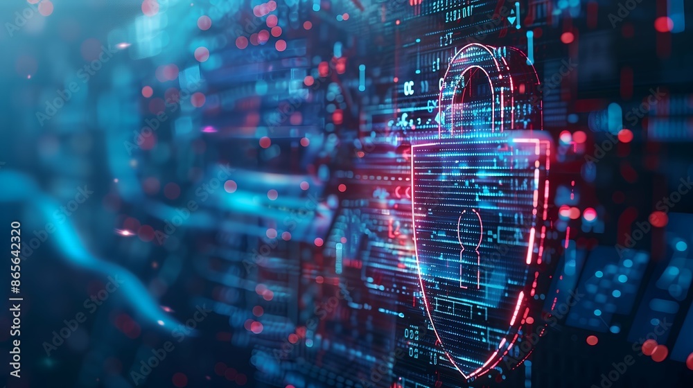 Digital Security Concept with Lock and Shield, Cyber Protection Symbol on Black Background Digital Security Concept with Lock and Shield, Cyber Protection Symbol on Black Background