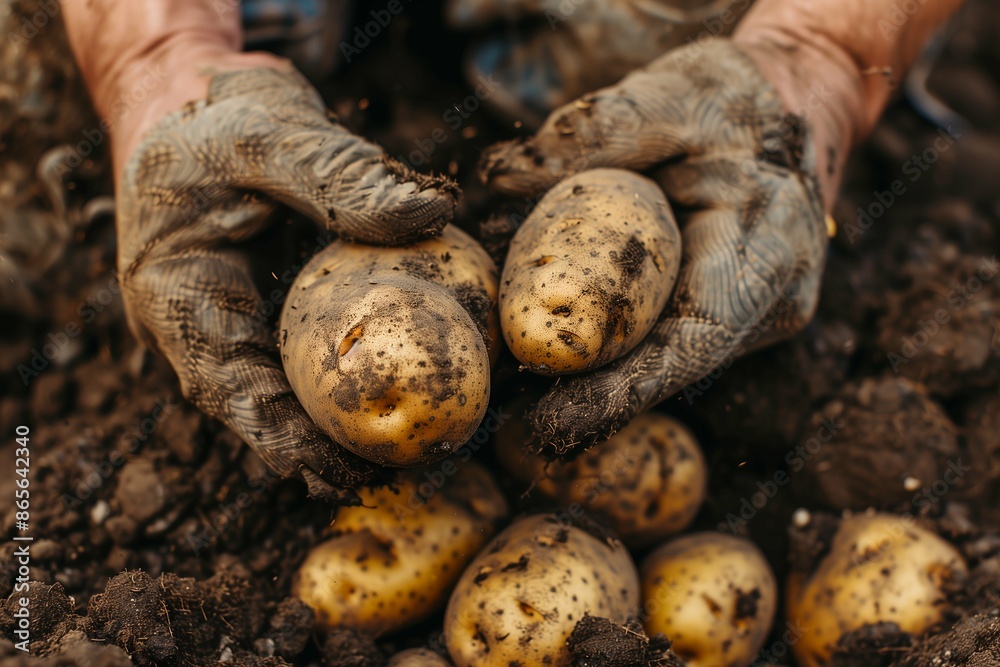 Harvesting Fresh Potatoes, Organic Farming Scene Harvesting Fresh Potatoes, Organic Farming Scene