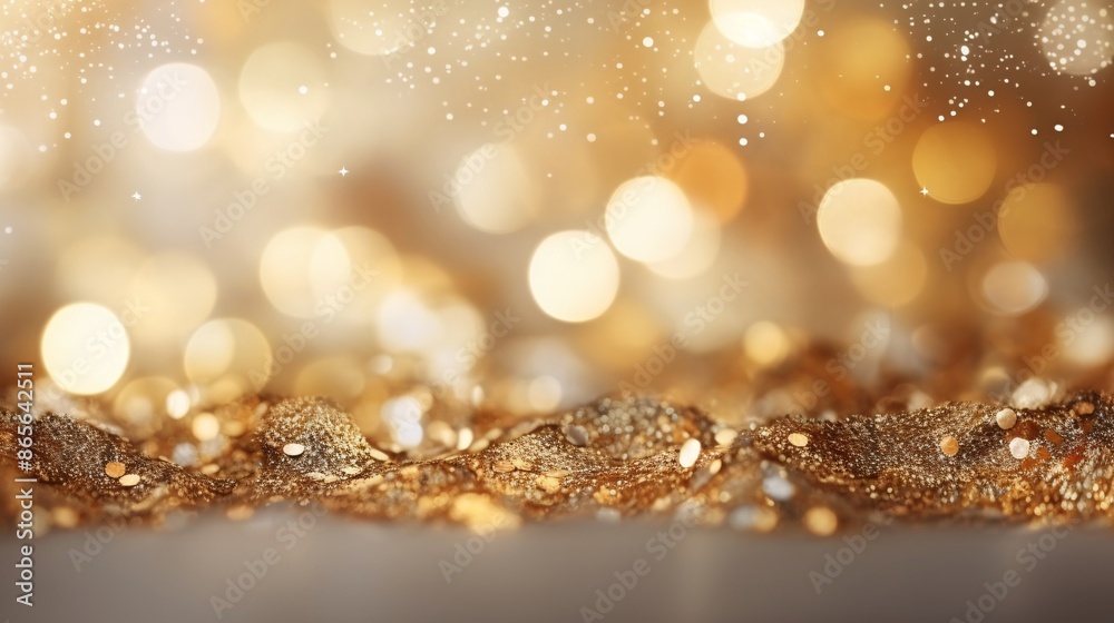 Elegant banner with decorative golden glitters and blurred bokeh background, ideal for Christmas or New Year decorations. Elegant banner with decorative golden glitters and blurred bokeh background, ideal for Christmas or New Year decorations.