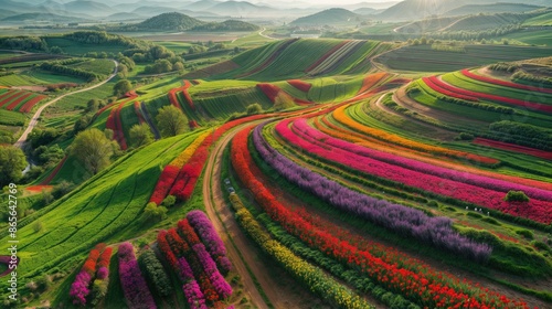 Aerial view of a vibrant flower field. AI generated.