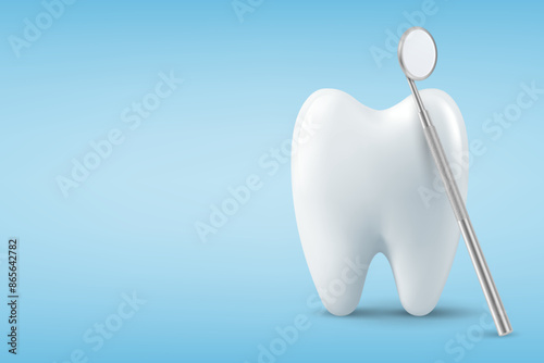 Dental Inspection Banner, Poster. Vector 3d Realistic Dentist Mirror for Teeth with Tooth Icon Closeup on Blue Background. Medical Dentist Tool. Design Template. Dental Health Concept