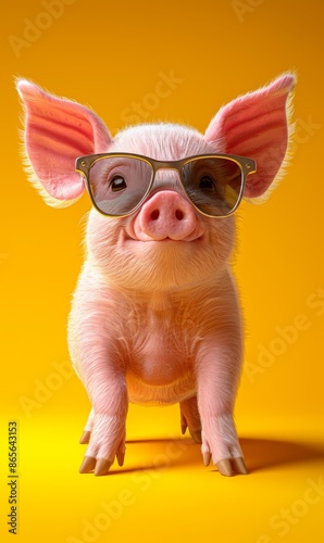Wallpaper Mural Cute pink piglet wearing stylish sunglasses on a yellow background Torontodigital.ca