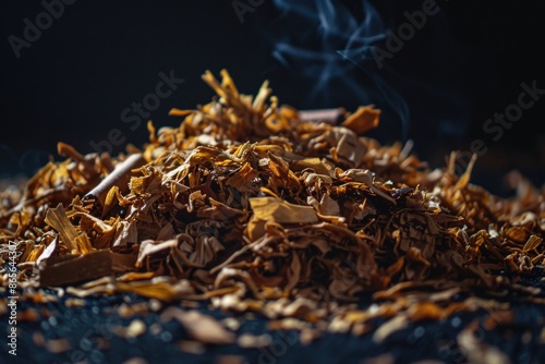 A close-up view of tobacco leaves with smoke emitting from them, perfect for use in photos about smoking or related to tobacco products photo