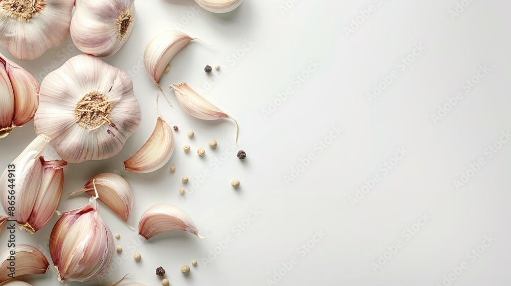 Garlic slices on white background with space for text or images Spices and herbs in packaging Close up Garlic slices on white background with space for text or images Spices and herbs in packaging Close up