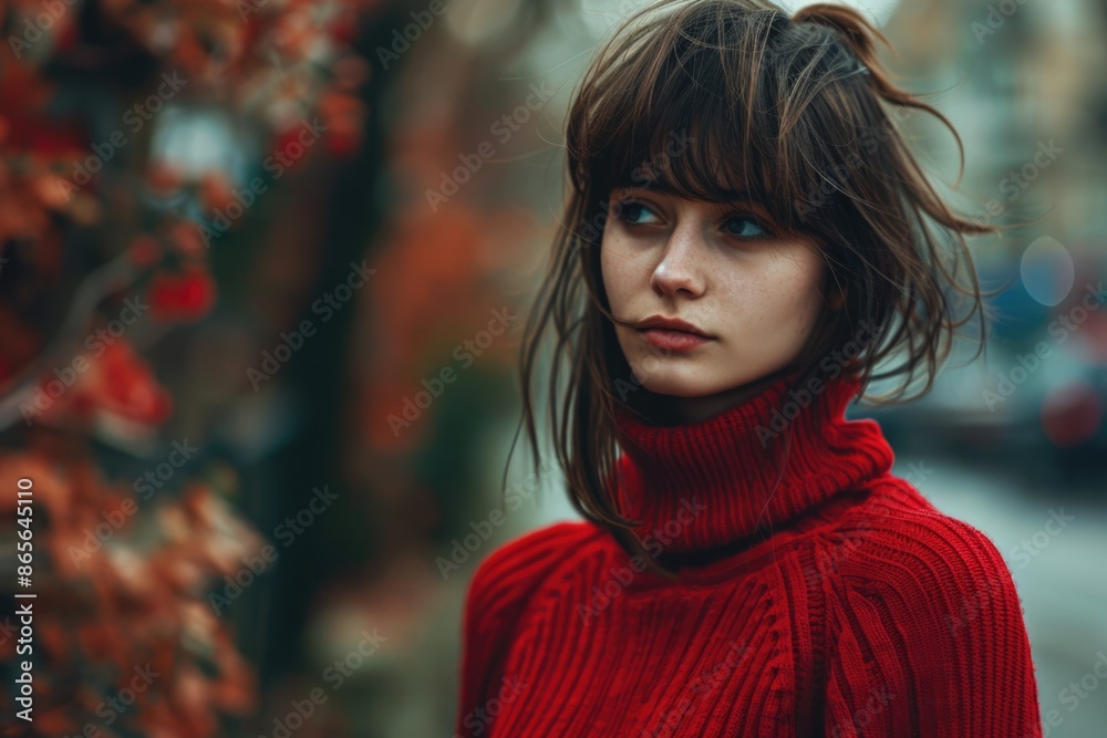 A woman wearing a simple yet stylish red turtle neck sweater, perfect for casual daily wear or as a pop of color in a outfit A woman wearing a simple yet stylish red turtle neck sweater, perfect for casual daily wear or as a pop of color in a outfit