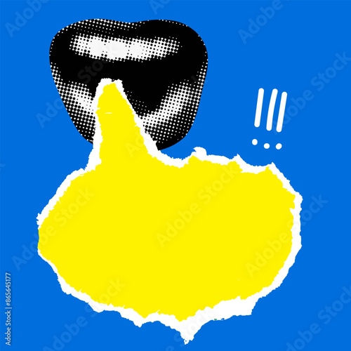 Modern collage design. Pop art style screaming mouth with speech bubble. Halftone female lips in comic style and torn paper. Advertising concept. Marketing. Sale banner. Yelling woman