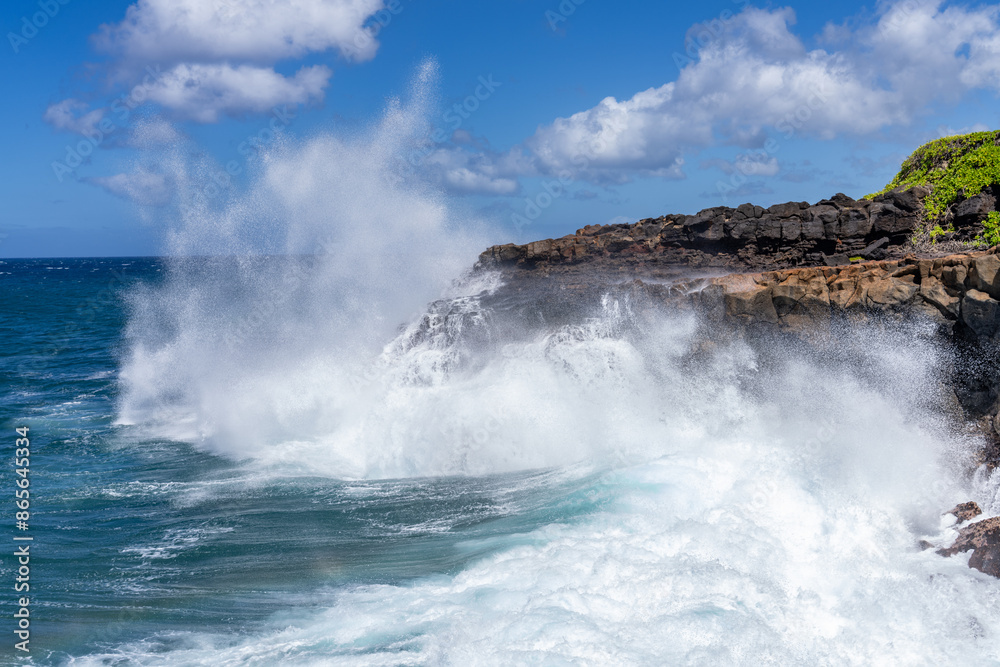 Waves hitting the Lava rock, Makahuena Light, Koloa, Kauai South Shore,Hawaii. Koloa Volcanics ,basalt Waves hitting the Lava rock, Makahuena Light, Koloa, Kauai South Shore,Hawaii. Koloa Volcanics ,basalt