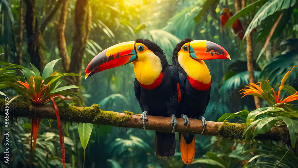 Naklejka premium Beautiful toucan in the rainforest Brazil jungle