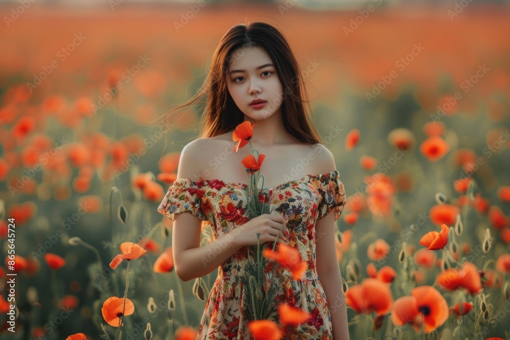 Naklejka premium A woman stands amidst a field of bright red flowers