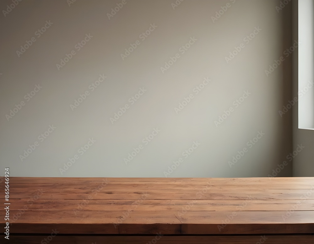 Empty wooden table. Empty wall in the background.