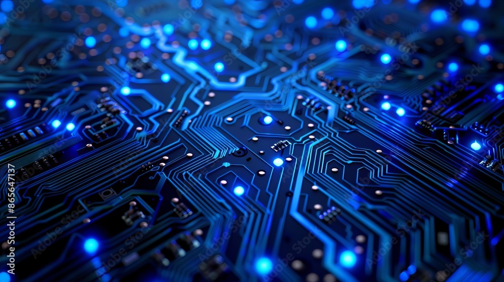 Circuit board with blue lights glows, creating a complex and futuristic pattern. Ideal for tech themes or digital presentations. Circuit board with blue lights glows, creating a complex and futuristic pattern. Ideal for tech themes or digital presentations.