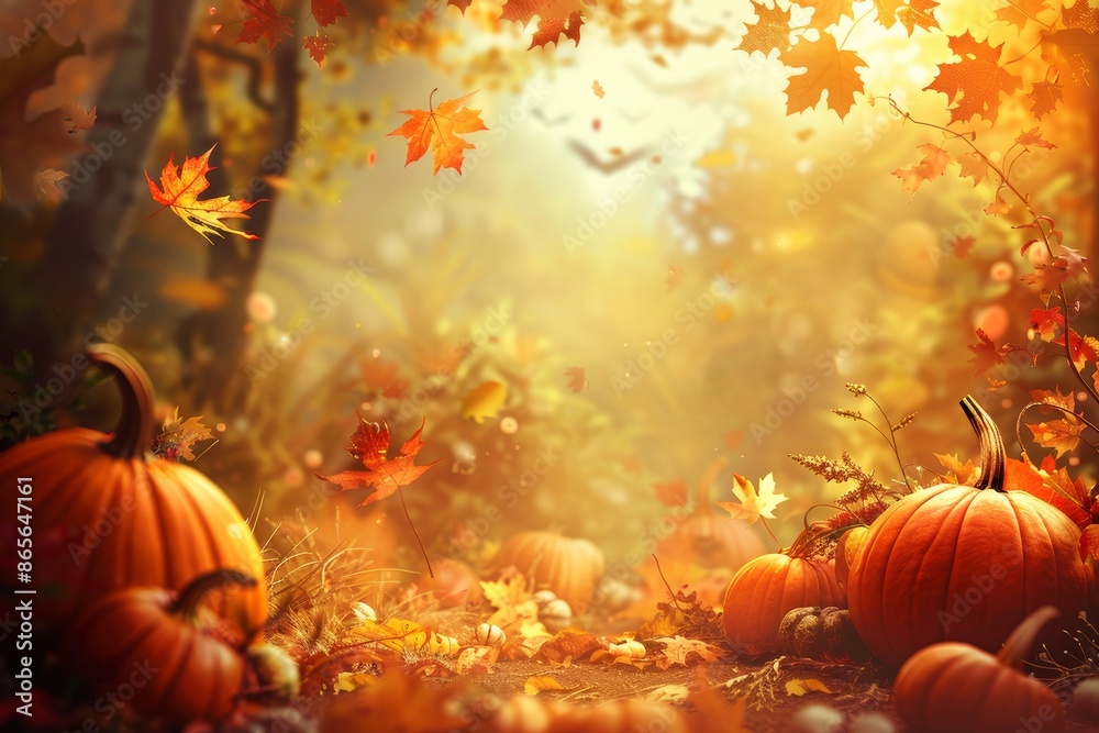 Fall background with pumpkins and leaves