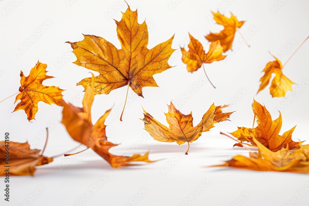 Fototapeta premium Autumn leaves fly and fall on a white background