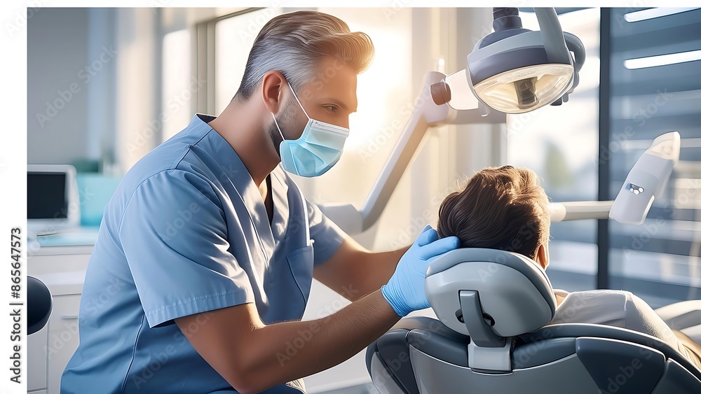 Dentist adjusting patient's headrest Dentist adjusting patient's headrest