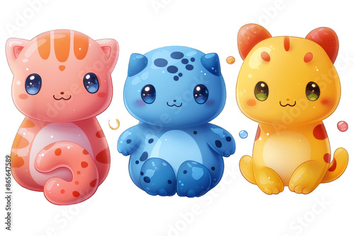 A Set Of Colorful Cats On A White Background.