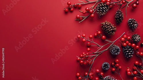 Festive composition Xmas decor red berries pine cones on red backdrop Winter celebrations concept Flat lay with space for text