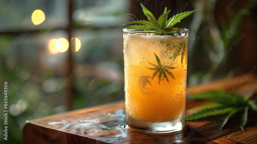 A close-up of a cannabis-infused beverage with a garnish of cannabis leaves. The drink is in a glass and appears to be orange in color. A close-up of a cannabis-infused beverage with a garnish of cannabis leaves. The drink is in a glass and appears to be orange in color.