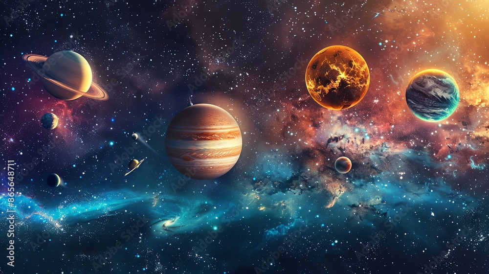 Cosmic Parade of Planets Against a Galaxy of Nebulae and Stars Cosmic Parade of Planets Against a Galaxy of Nebulae and Stars