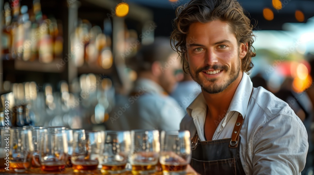 A professional bartender stands behind the bar counter amidst an array of glasses, preparing drinks in a vibrant restaurant setting A professional bartender stands behind the bar counter amidst an array of glasses, preparing drinks in a vibrant restaurant setting