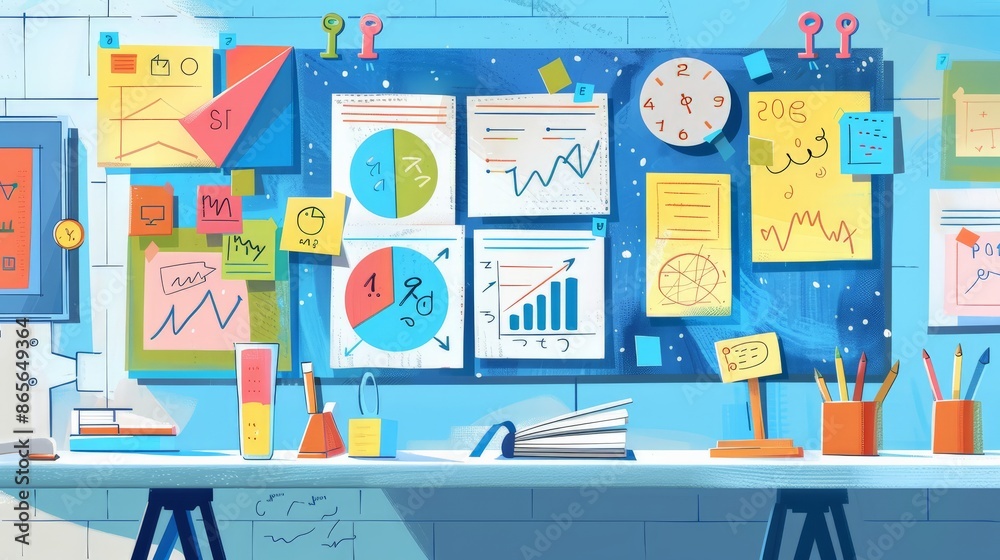Modern office desk setup with colorful charts, graphs, and sticky notes. Ideal for business planning and strategy sessions in a contemporary workspace Modern office desk setup with colorful charts, graphs, and sticky notes. Ideal for business planning and strategy sessions in a contemporary workspace