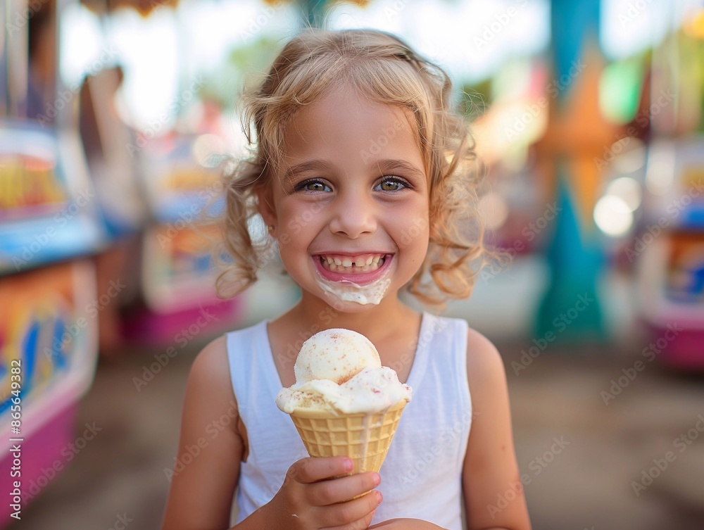 little girl with a big smile on her face, holding an ice cream cone in her hand. The background is slightly blurred, little girl with a big smile on her face, holding an ice cream cone in her hand. The background is slightly blurred,
