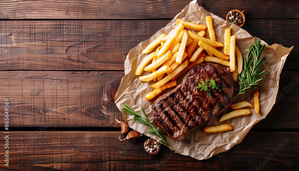 Classic steak and fries on wooden table, perfect for menu design with text space Classic steak and fries on wooden table, perfect for menu design with text space