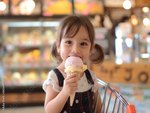 little girl sitting in a shop, happily eating an ice cream cone.