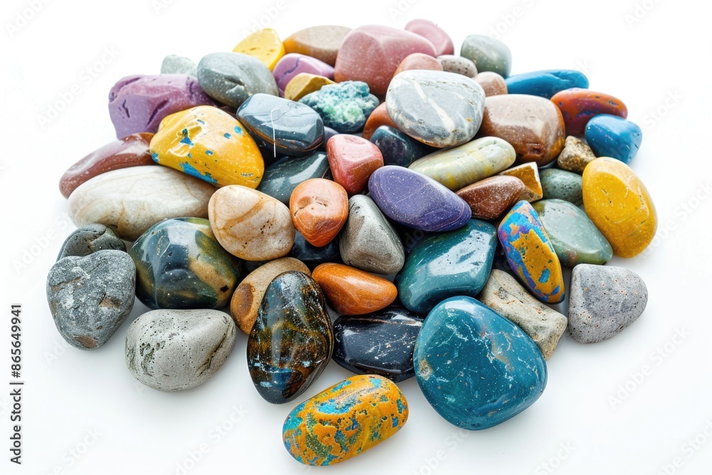 A collection of vibrant rocks arranged on a plain white background A collection of vibrant rocks arranged on a plain white background