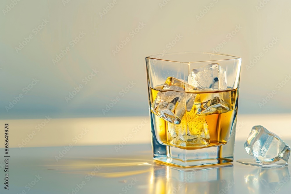 Whiskey glass and ice cubes on simple backdrop for creative text placement and design ideas Whiskey glass and ice cubes on simple backdrop for creative text placement and design ideas