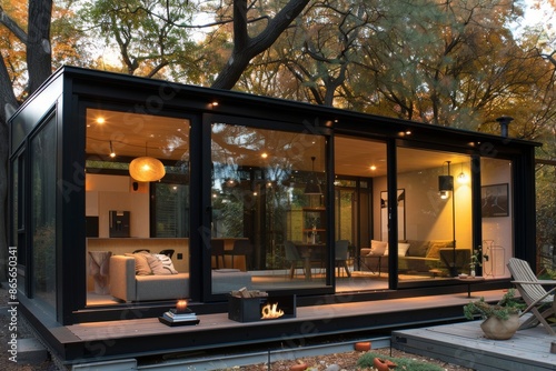 Chic prefab tiny home with glass walls, cozy interior, and innovative prefabricated design